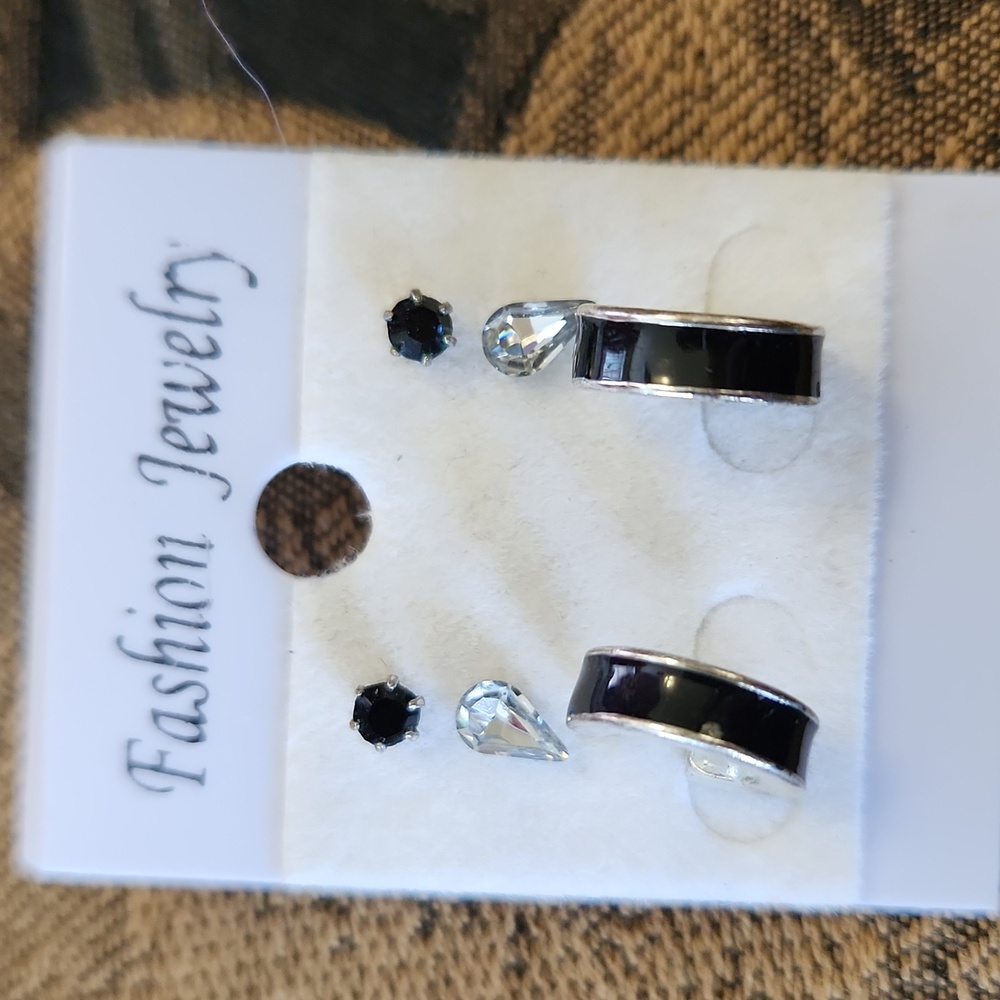 Silvertone, CZ & Black Earring Trio